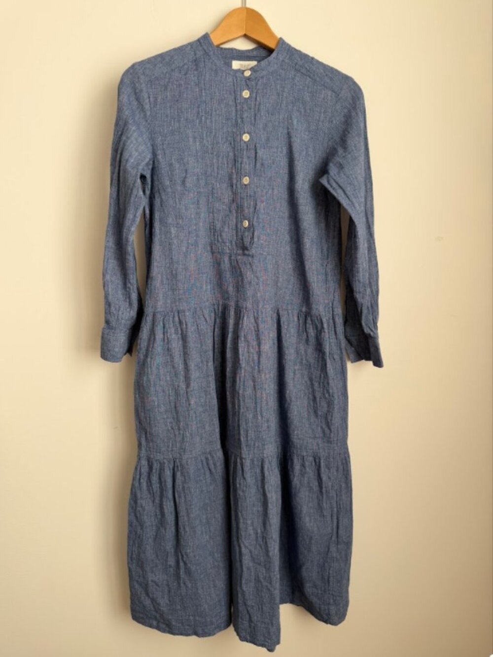 Toast Blue Linen Cotton Tiered Shirt Dress Long Sleeve Midi Chambray Size UK 8